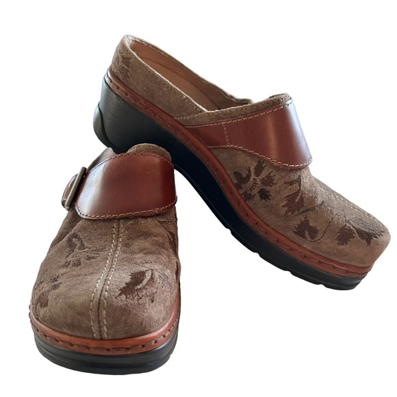 Klogs Shoes - Klogs Austin Women’s 6.5 Shoe Clog Floral Leather Suede Embossed Brown Slip On